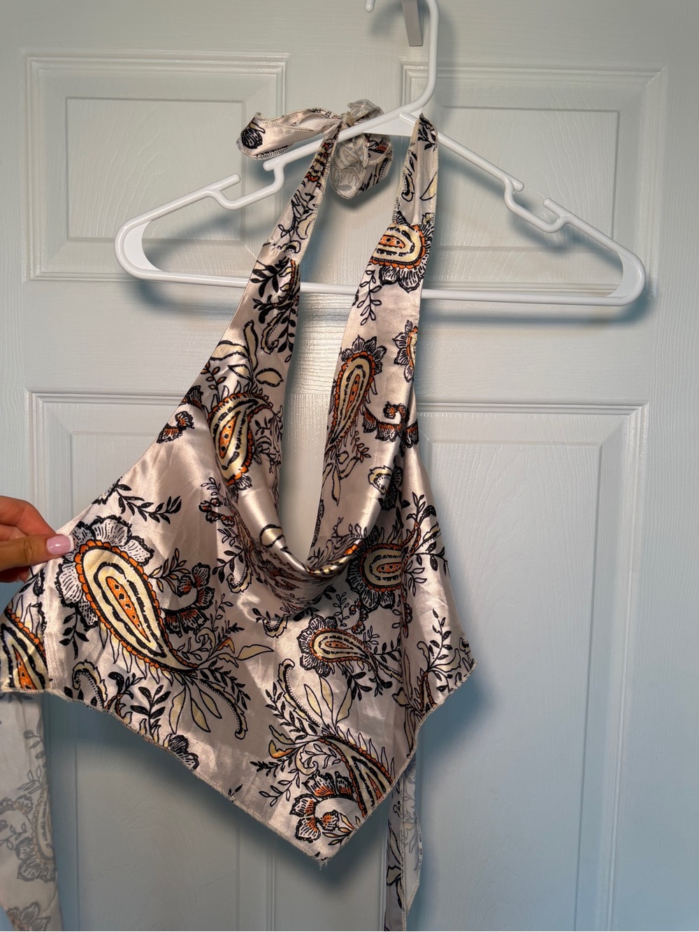 SHEIN Satin Paisley Halter Scarf Top in Ivory with Black and Mustard